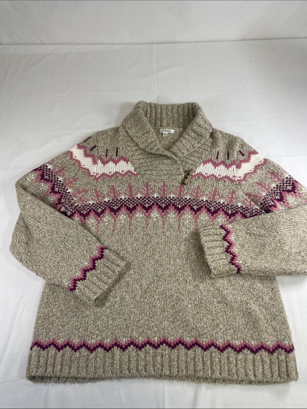 Orvis Beige Fair Isle Shawl Collar Sweater with Pink Accents